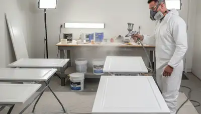 Professional cabinet painting process with smooth spray finish in Jacksonville FL kitchen