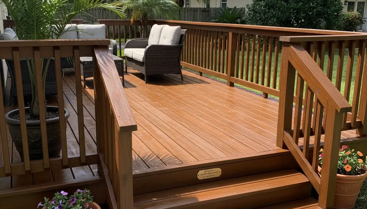 Finished deck staining by professional house painters in Jacksonville FL showing rich wood color and protection