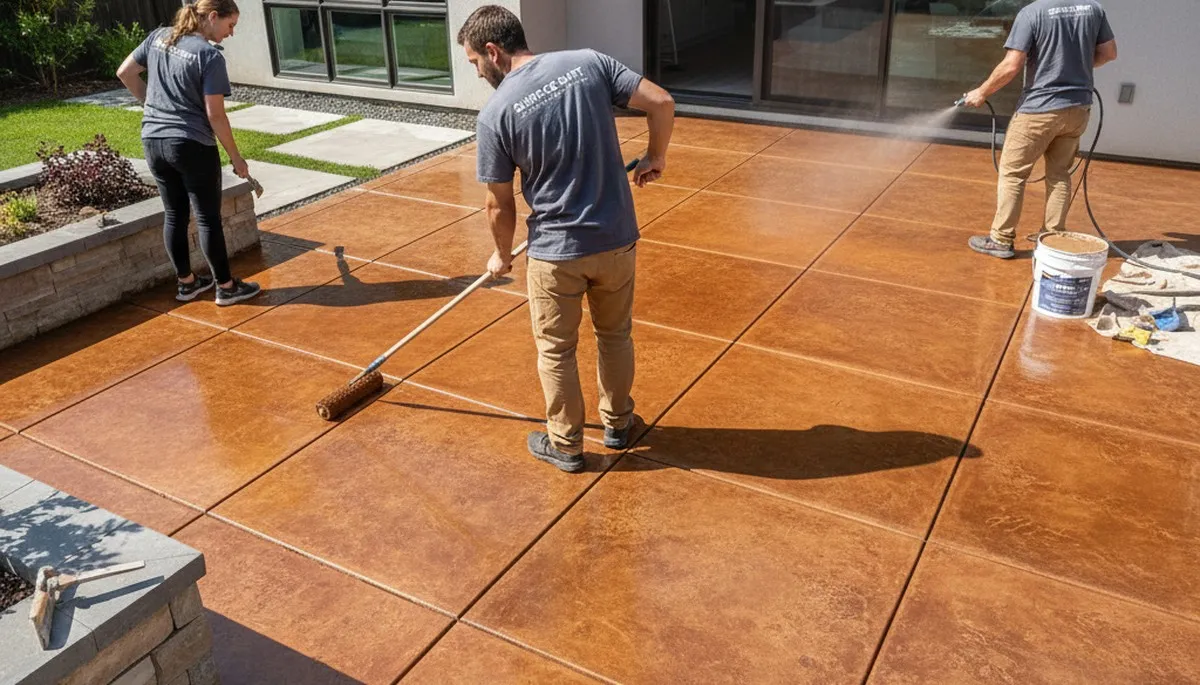 Professional concrete staining on patio by house painters in Jacksonville, FL