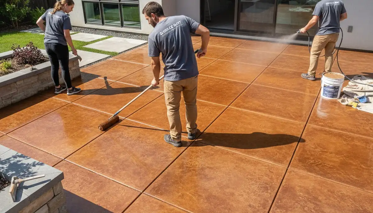 Professional concrete staining on patio by house painters in Jacksonville, FL