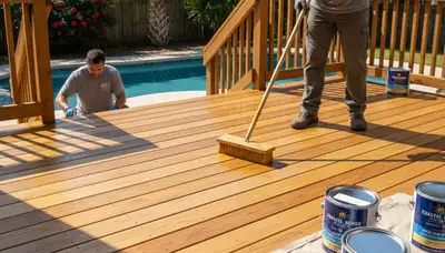 Professional deck staining on wood patio in Jacksonville FL enhancing color and protecting against weather