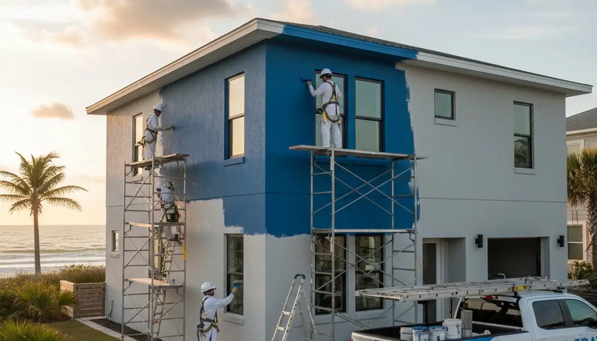 House painters in Jacksonville, FL applying exterior paint to a home for professional residential service