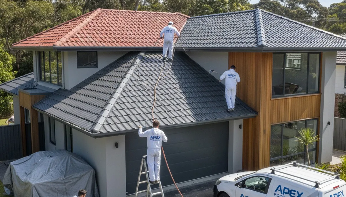 Professional roof painters coating home exterior in Jacksonville, FL for long-lasting sun and salt protection