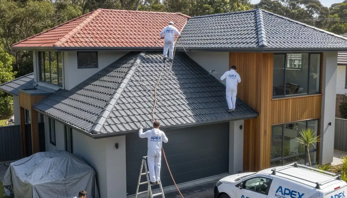 Professional roof painters coating home exterior in Jacksonville, FL for long-lasting sun and salt protection