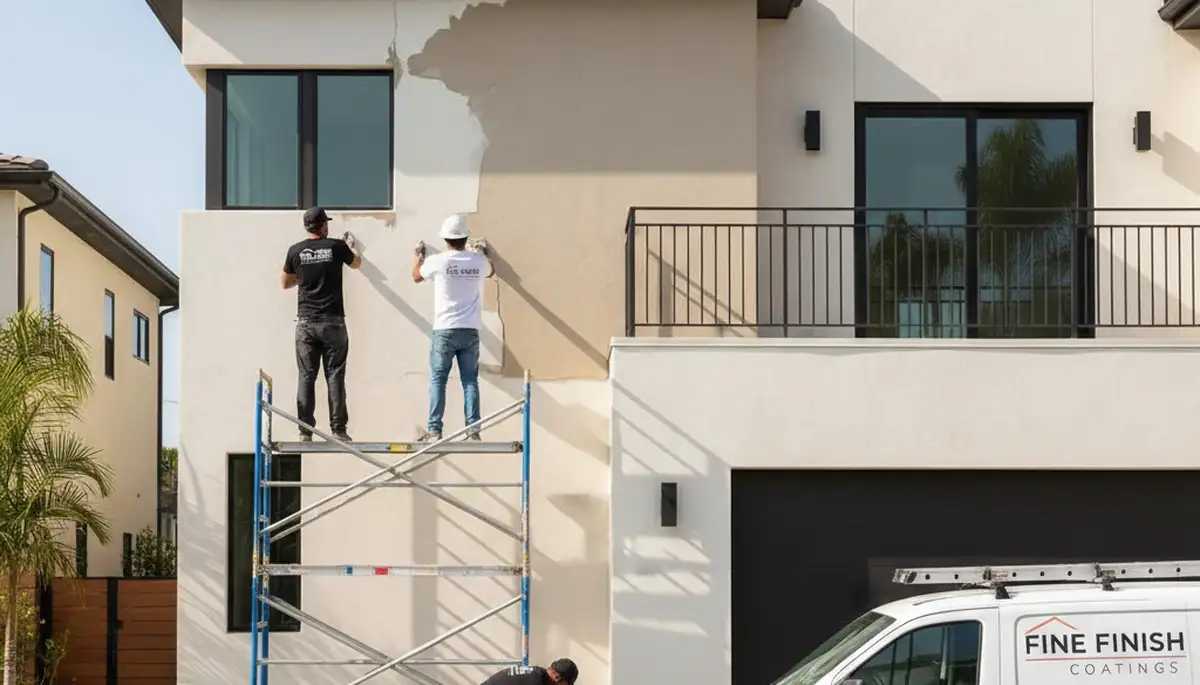 Professional stucco repair on a Jacksonville FL home exterior by local house painting experts